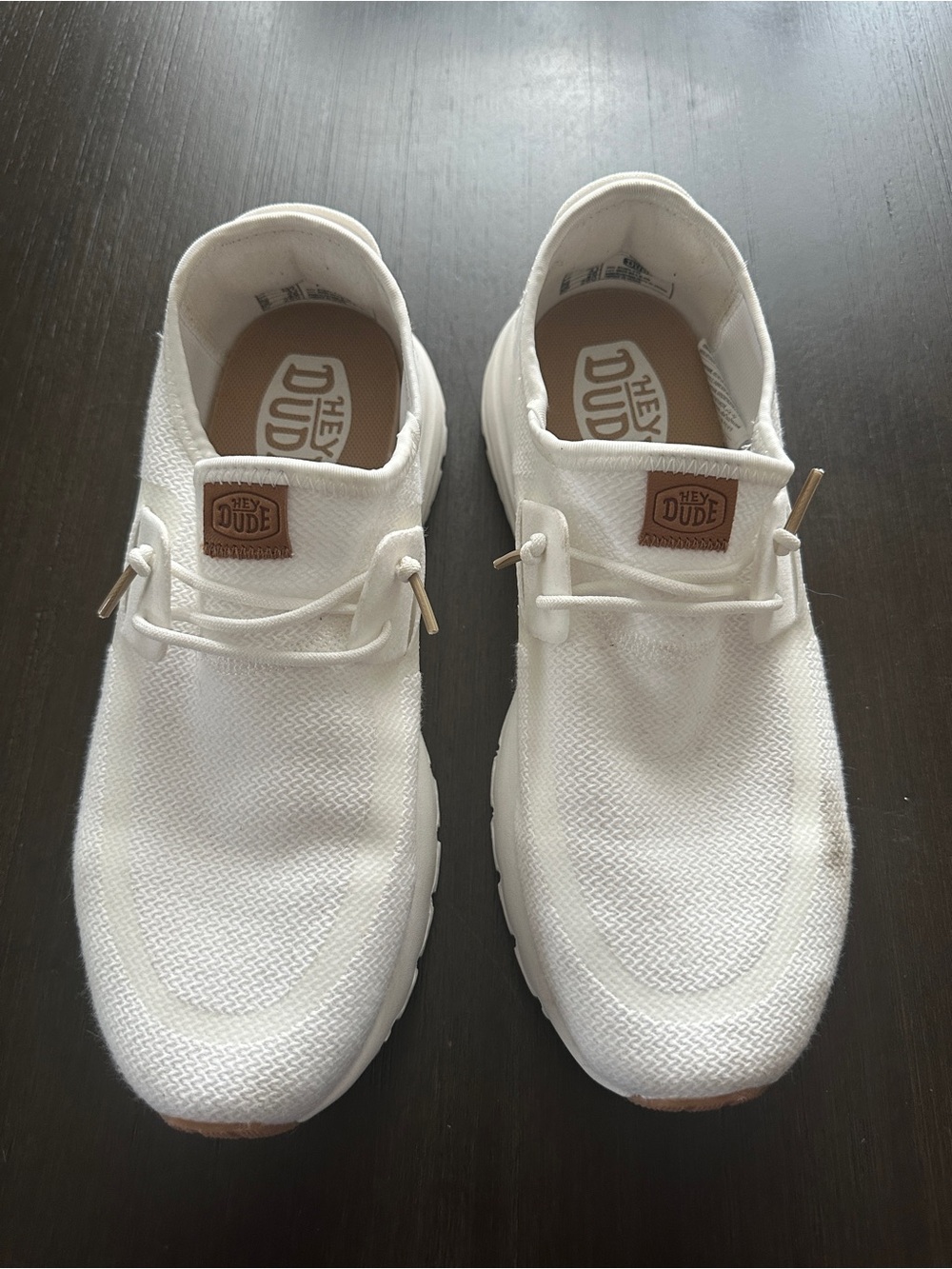 Hey Dude White Knit Slip-On Loafers with Tan Accents